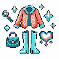 Obraz premium Pixel art fashion cozy jacket, boots, magnifying glass, and heart designs in retro