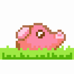 Pixel art pig on grass retro gaming animal icon design