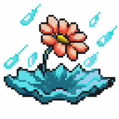 pixel art vibrant flower in blue umbrella with raindrops, retro digital spring nature concept