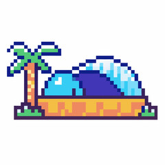 Obraz premium Pixel art tropical island with palm tree and dome retro video game illustration