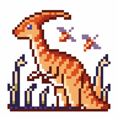 Obraz premium pixelated parasaurolophus dinosaur among plants and flying pterodactyls, retro video game art