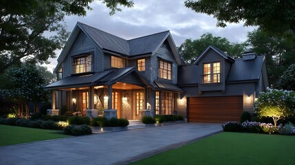 At twilight a luxurious home exterior in beautiful modern farmhouse style
