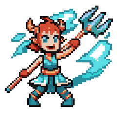 Obraz premium Pixel warrior with trident in fantasy battle pose, retro 8 bit gaming