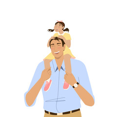 A happy father carries his smiling daughter on his back.