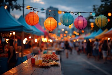 Night market food stall under colorful lanterns