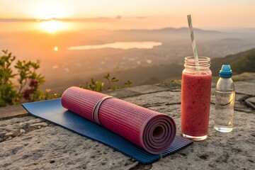 Smoothie with sunrise in the background, yoga mat and water bottle nearby - morning of an active woman