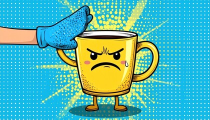 Cartoon angry mug being stopped by an oven-mitted hand on a halftone background