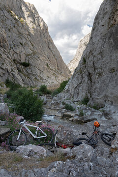 Bicycles parked in the Hoces de Vegacervera next to the Torio River, Leon