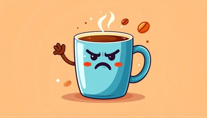 Angry cartoon coffee cup with arm raised against a light peach background