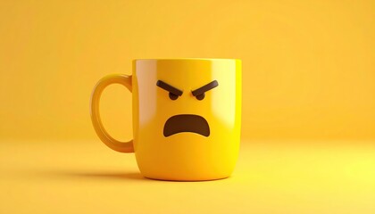 Angry yellow mug with furrowed brows & open mouth on yellow backdrop