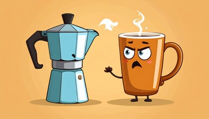 Animated espresso maker steaming with an upset mug refusing coffee