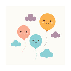 Adorable smiling cartoon balloons and fluffy clouds create a happy celebratory design