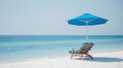 A white beach umbrella and a comfortable wicker chair are positioned on a sandy beach next to the turquoise sea under a clear blue sky. Travel concept