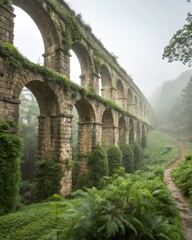 Obraz premium Ancient Stone Aqueduct Ruin Covered in Vibrant Green Ivy and Moss Winding Through a Foggy Lush Forest Representing History Nature and Time