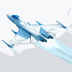 Fighter jet with speed light line. Supersonic digital jet fighter in futuristic wireframe style. Technology military airplane hologram.