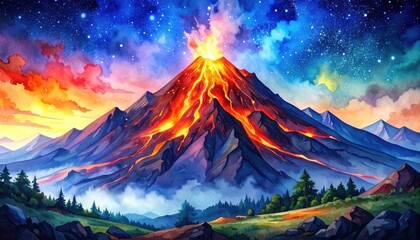 Erupting volcano spews lava under a starry sky, surrounded by mountains and a green landscape