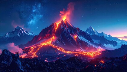 Erupting volcano with fiery lava flows beneath a starry sky and snowy peaks