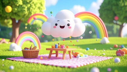 Whimsical picnic happy cloud, rainbows, sunny meadow, colorful treats