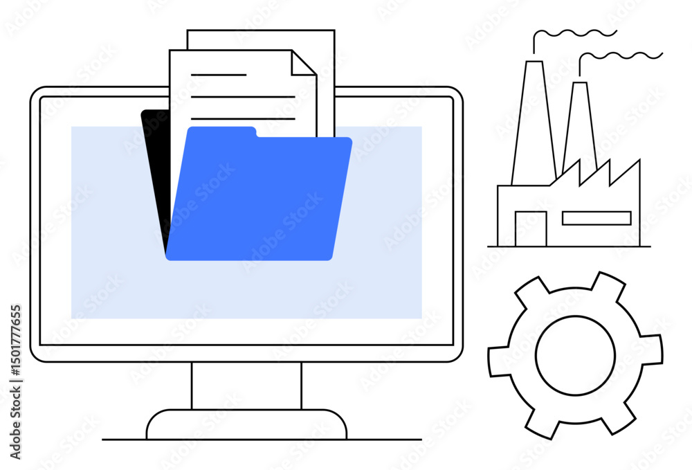 Aufkleber computer screen displaying a blue folder with documents, factory icons, and a gear. ideal for data s