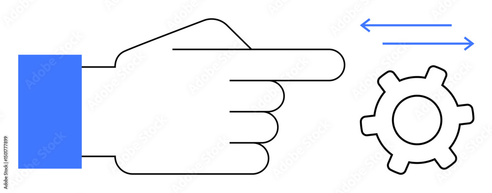 Poster hand pointing at a gear with horizontal arrows showing movement or adjustment. ideal for process man