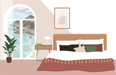 Bedroom with a large window and sea view. Cozy bedroom in pastel colors. Vector illustration.