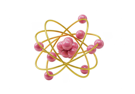 Illustration of a pink atom with golden orbits on a black plain background view isolated on transparent background