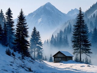 Winters Serenity Cabin Amidst Snowy Peaks