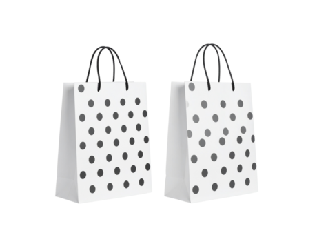 Two White Paper Bags with Black Polka Dots and Black Cord Handles