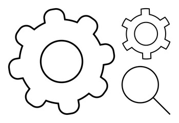 Cogwheels of various sizes alongside a magnifying glass symbolizing analysis, integration, and problem-solving. Ideal for concepts thumbs up teamwork, productivity, innovation, development, workflow