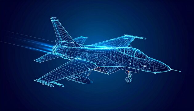 Fighter jet with speed light line. Supersonic digital jet fighter in futuristic wireframe style. Technology military airplane hologram.