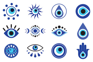 Evil eye talisman icons. Turkish or greek eye symbols. Greece ethnic magic amulet. Mystical blue hamsa icons set in hand drawn style. Nazar amulet symbol. Vector illustration isolated in doodle style.