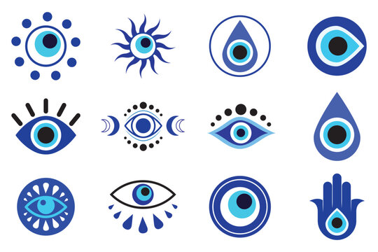 Evil eye talisman icons. Turkish or greek eye symbols. Greece ethnic magic amulet. Mystical blue hamsa icons set in hand drawn style. Nazar amulet symbol. Vector illustration isolated in doodle style.