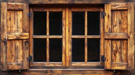 Rustic wooden window with shutters, a charming view of an aged structure.
