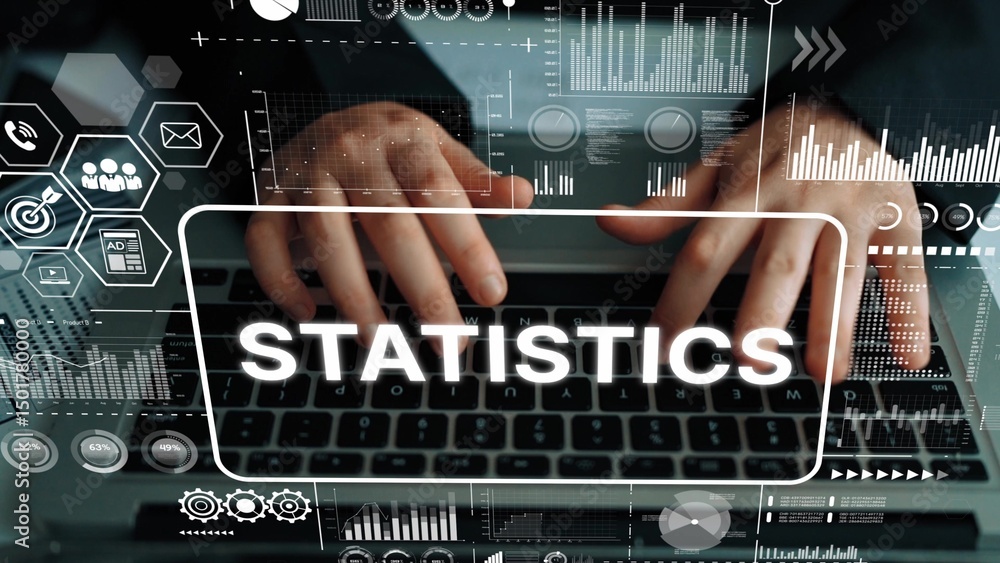 Poster hands typing on laptop surrounded by data visualization and statistics charts for analytical insight