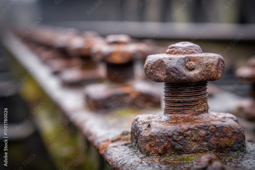 Poster close-up of rusty bolts on metal structure showing weathering and corrosion in industrial setting wi
