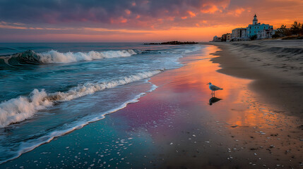 Obraz premium Seagull on Colorful Beach at Sunset with Waves and Coastal Town
