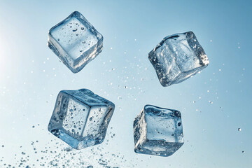 Obraz premium Dynamic composition of ice cubes, seemingly defying gravity, with subtle water trails
