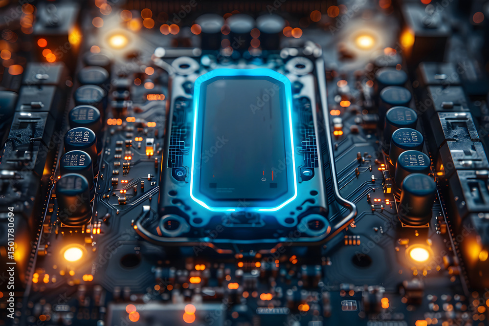 Poster modern computer motherboard close up featuring glowing cpu socket and electronic components