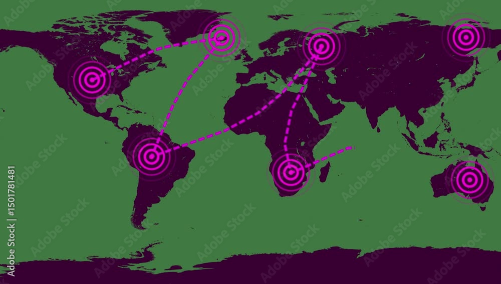 Poster global network connections animation with target circles on world map.