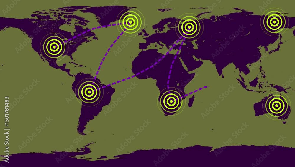 Poster global network connections animation with target circles on world map.