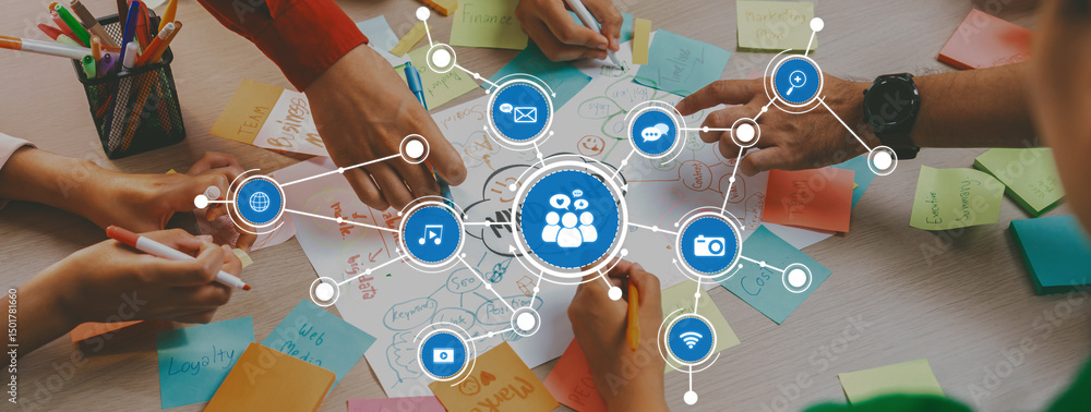 Poster a diverse business team engages in a collaborative mind mapping session with colorful sticky notes. 