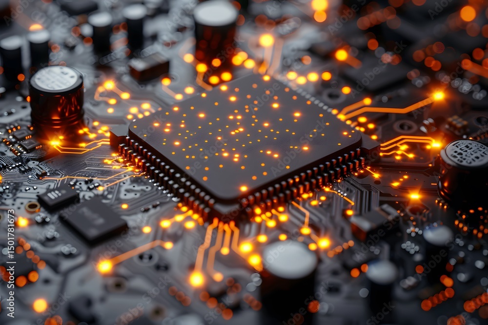 Poster illuminated microchip on motherboard high tech circuitry close up view electronic components data pr