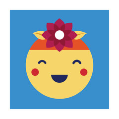Cheerful emoji face with flower crown representing happiness and joy on blue background