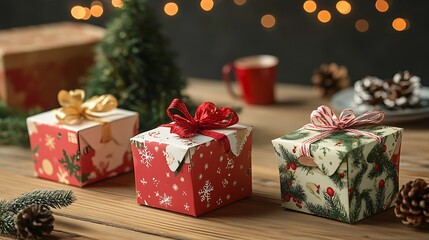Festive gift boxes with christmas patterns on a wooden table.