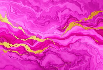 Abstract pink and magenta paint swirls with gold accents on a marbled background, mix, art