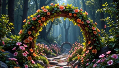 Obraz premium Enchanting Floral Archway in a Magical Forest Nature Photography Serene Environment Dreamlike Viewpoint
