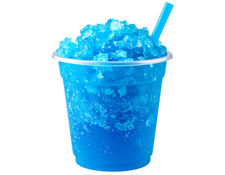 Blue Slushy Drink with Ice Crystals, Clear Plastic Cup and Straw, Transparent Background - Powered by Adobe