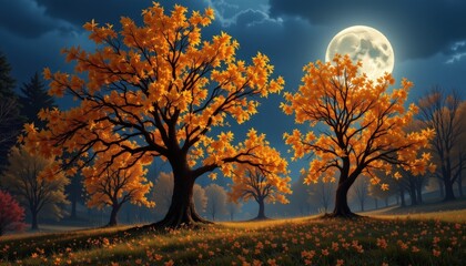 Fototapeta premium Enchanted Trees with Golden Leaves in a Moonlit Forest Nature Landscape Photography Magical Night Scene
