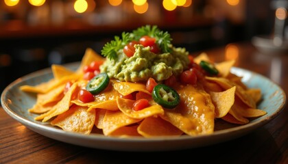 Plate of cheesy nachos with guacamole, salsa, and jalape&ntilde;os, in bar