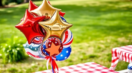A festive cluster of red, white, and blue star-shaped and round balloons floats outdoors. Celebration concept